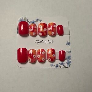 Press-On Nails Red and Orange Floral Nail Art Set 24pcs